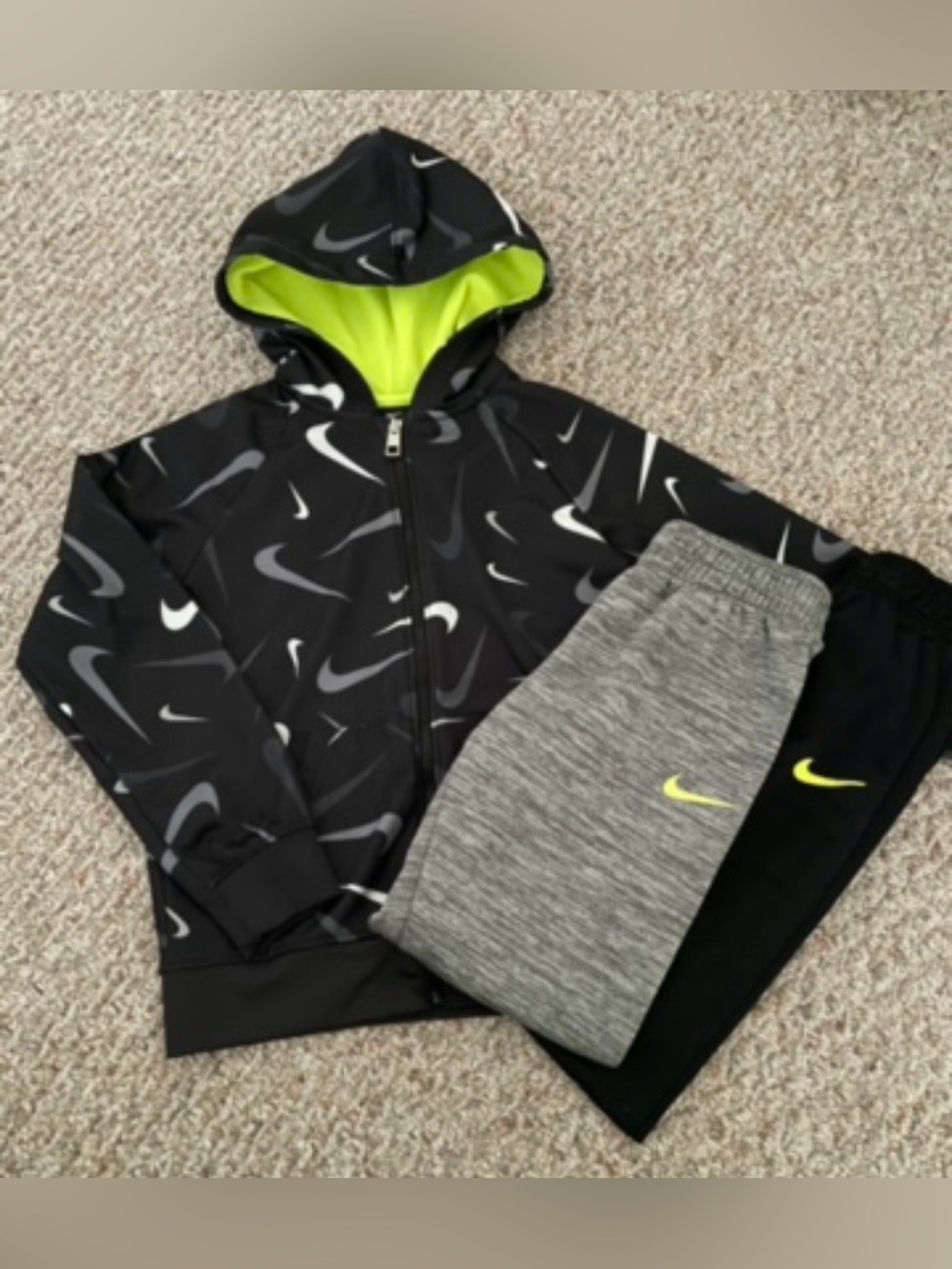 Nike Kids Black & Lime Green Swoosh Hoodie with Gray & Black Joggers - Picture 3 of 16